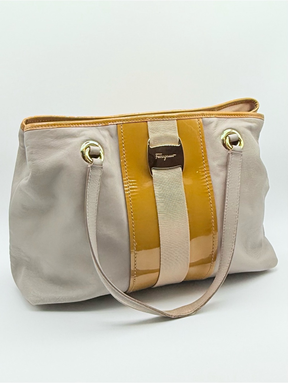 Salvatore Ferragamo Metallic Grey Leather Vara Stripe Tote Bag